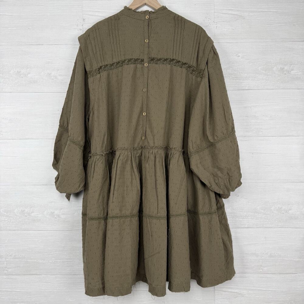 Anthropologie Babydoll Dress Large Balloon Sleeves Swiss Dot‎ Green Boho Cottage - Picture 8 of 16